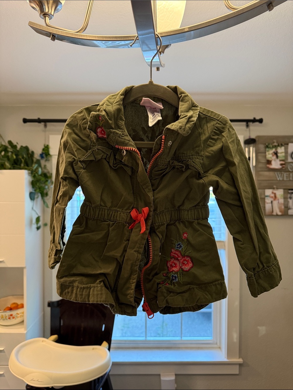 Little Lass Olive Green Hooded Jacket with Red Accents